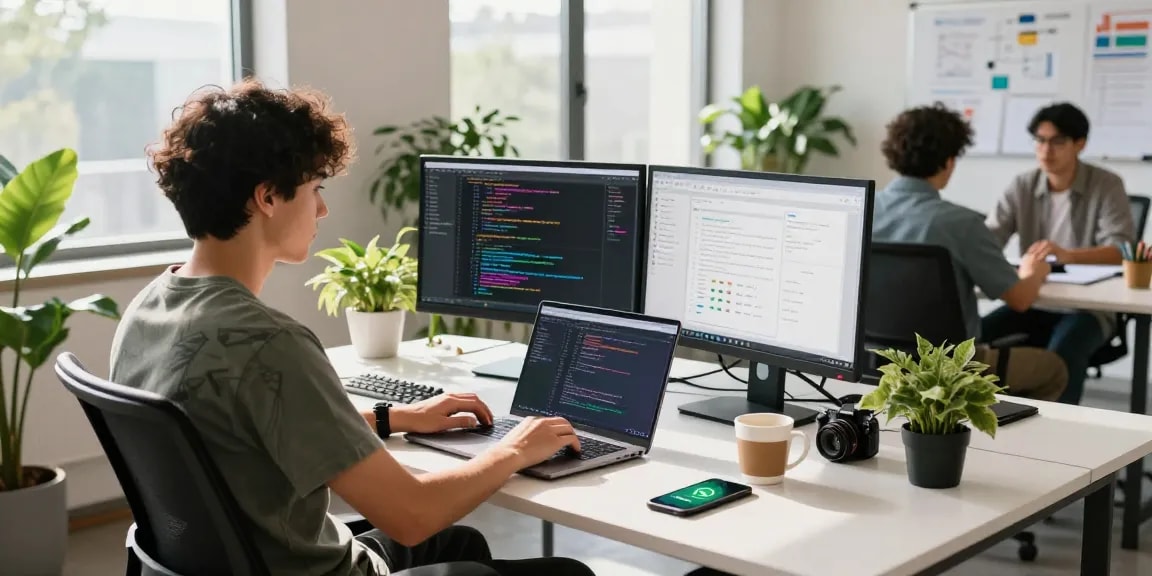 WhatsApp下載 displayed on laptop screen in a dynamic software development workspace with collaborative atmosphere.