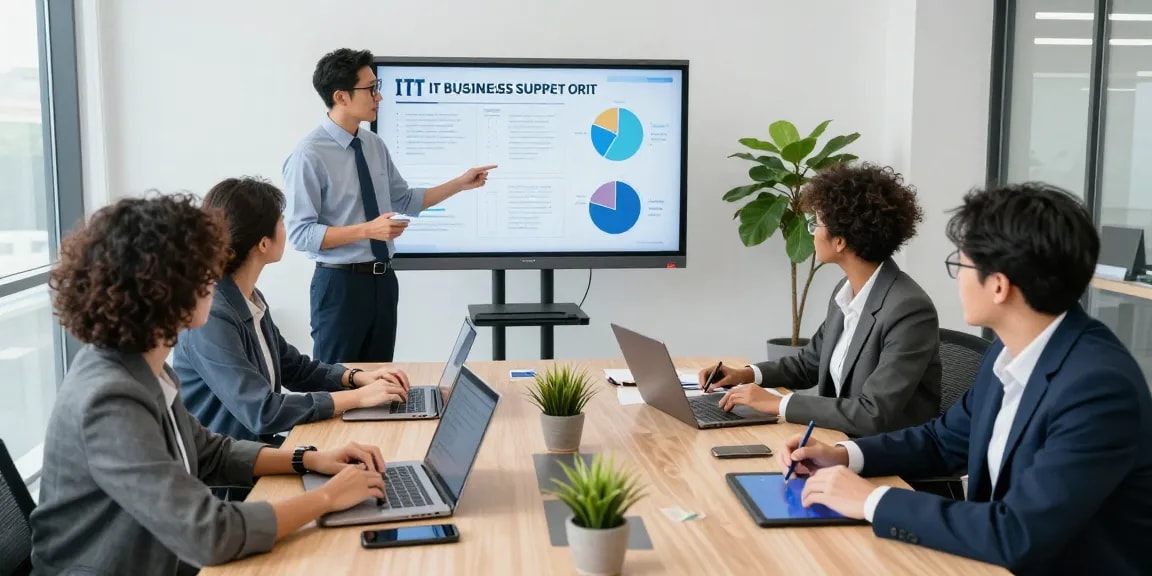 Team collaborating on it business support strategies in a modern office.