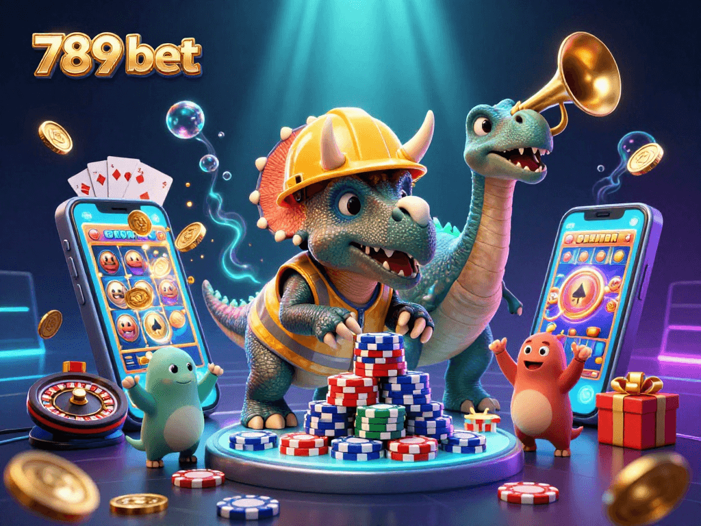 Join the excitement with 789 bet as the triceratops builds a tower of poker chips amidst casino thrills.