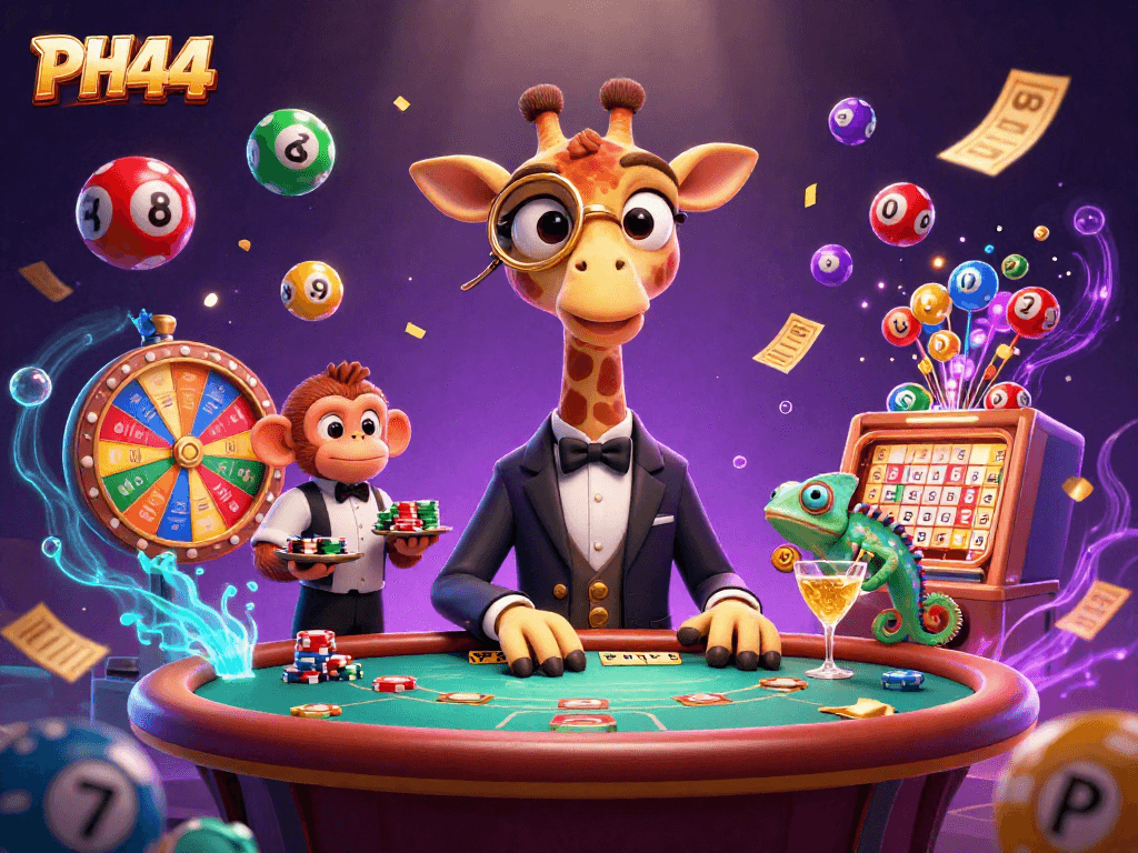 Experience the thrills at PH44 with a lively scene featuring vibrant casino elements and characters.