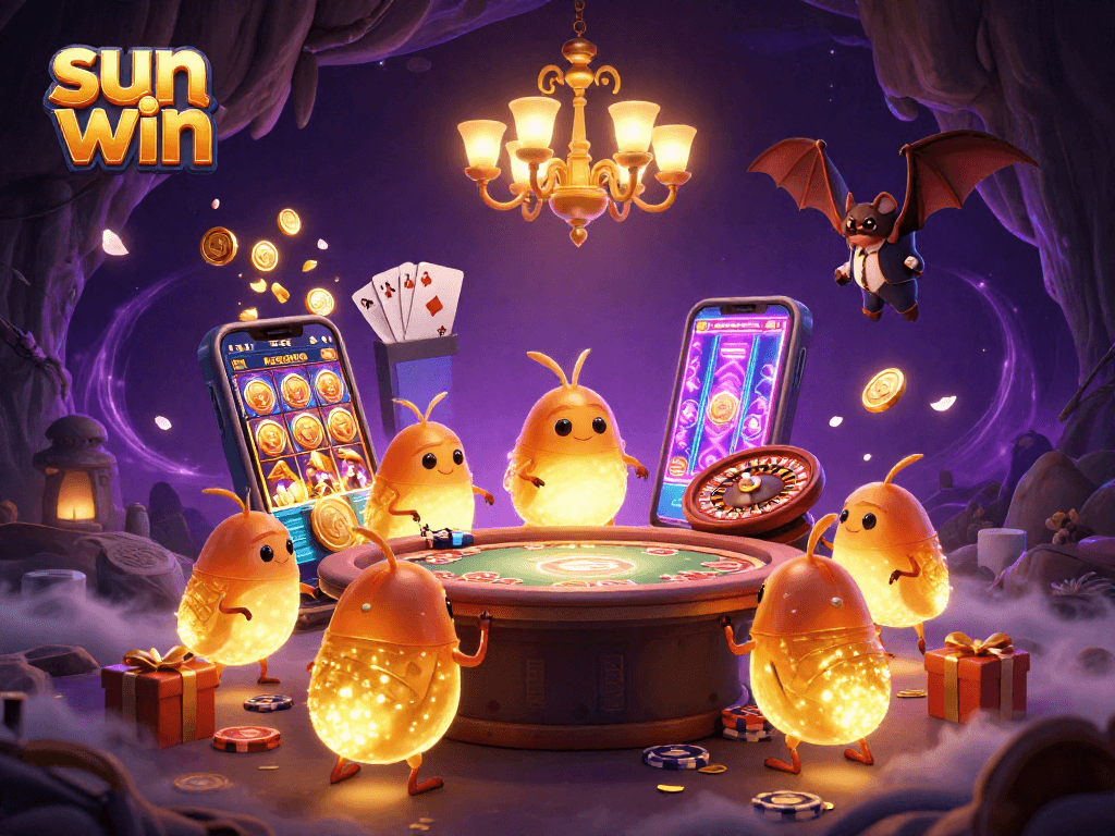 Experience sun win gaming excitement with glowworms illuminating a vibrant cave casino.