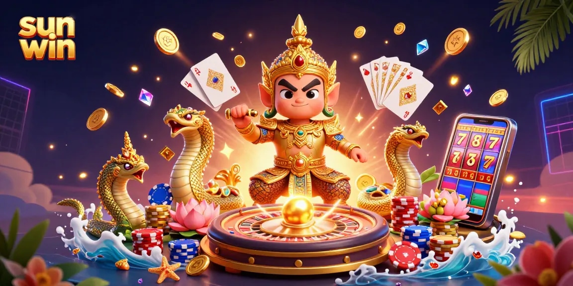 Experience thrilling gaming at Sun Win with vibrant 3D visuals, featuring golden coins and dynamic casino elements.