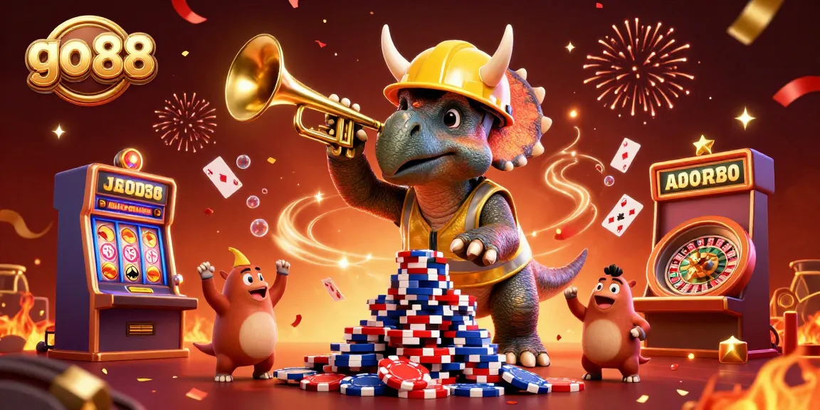 Cheerful triceratops builds a poker chip pyramid in celebration of go 88's exciting casino atmosphere.