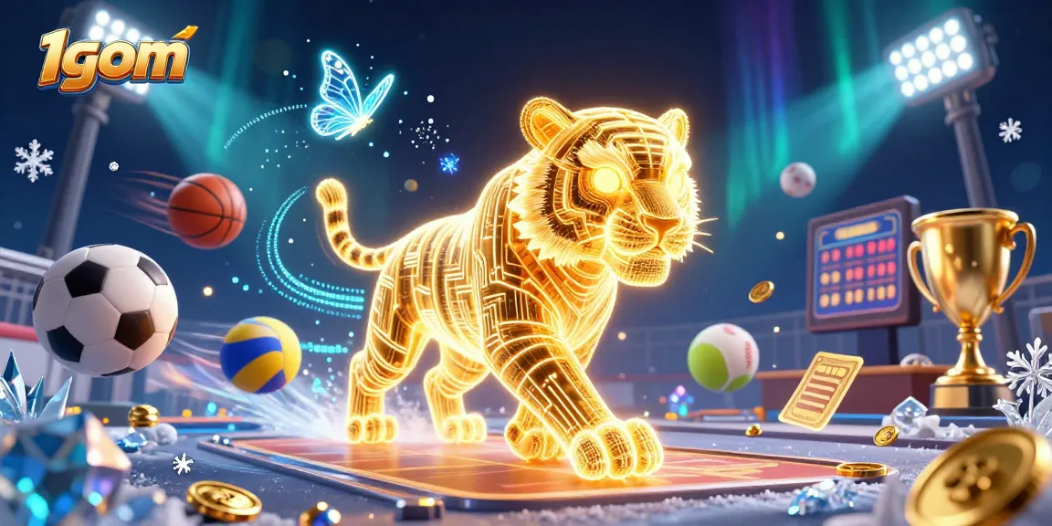 1gom sports betting visual with a neon tiger, dynamic sports balls, and a vibrant casino atmosphere.