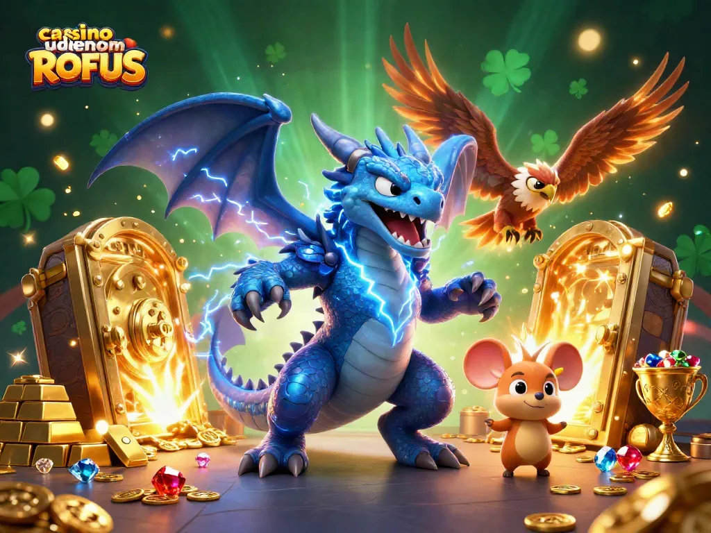 Experience thrilling play at casino uden om ROFUS with slots, treasure, and vibrant casino characters.