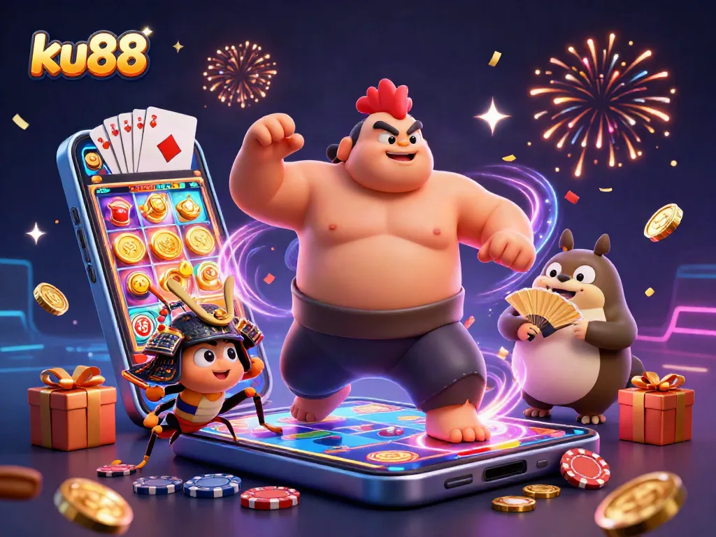 ku88 captures the excitement of casino gaming with sumo wrestlers and poker elements for players.