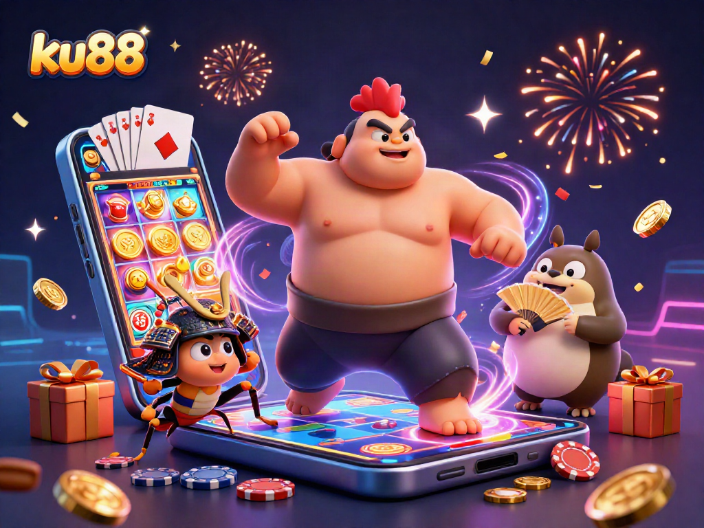 ku88 captures the excitement of casino gaming with sumo wrestlers and poker elements for players.