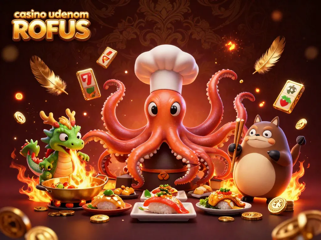 Engage with casino uden om ROFUS as a chef octopus prepares golden dishes among slot reels and a fire-breathing dragon.