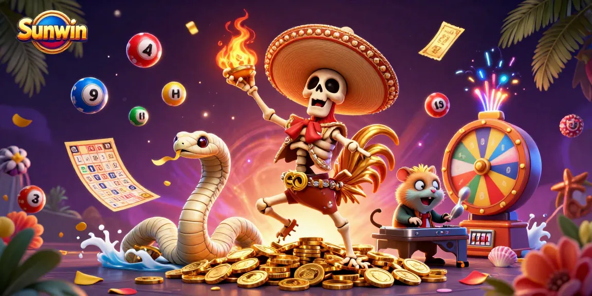 Celebrate wins with Sunwin in a vibrant 3D casino scene bursting with dynamic game elements and joyful characters.