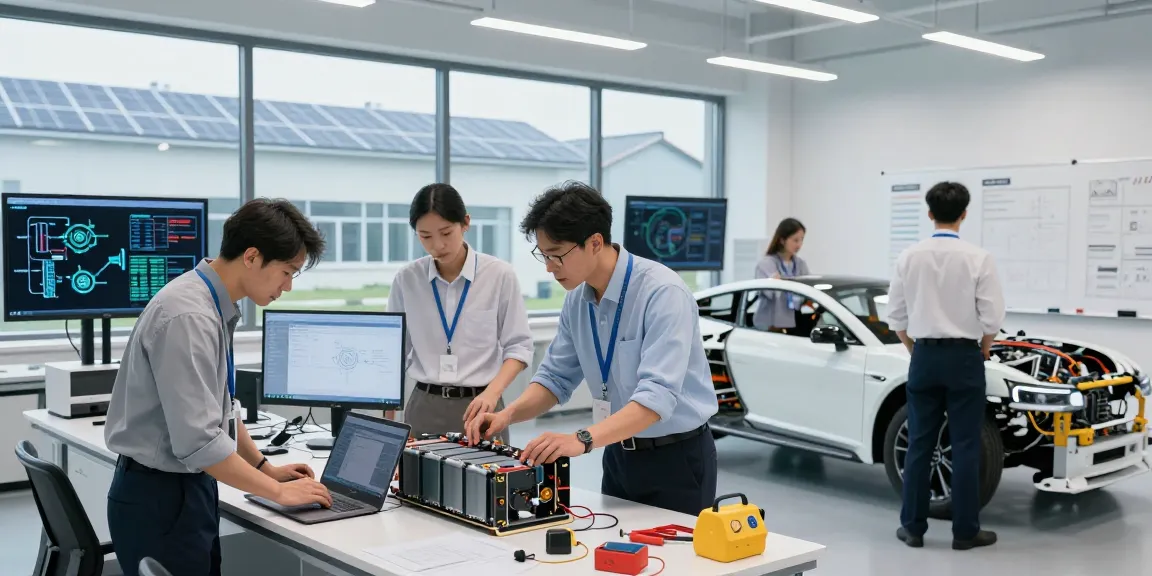 Engineers collaborating on EV technology in a modern lab with high-capacity battery and vehicle prototypes.