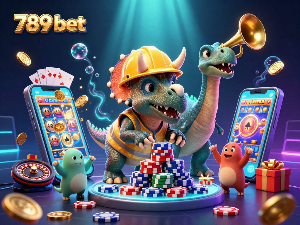 Join the excitement with 789 bet as the triceratops builds a tower of poker chips amidst casino thrills.