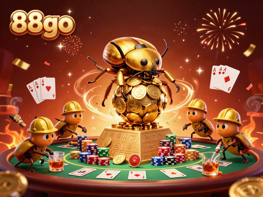 Engaging casino scene with golden beetles representing 88go, vibrant elements, and rich detail.