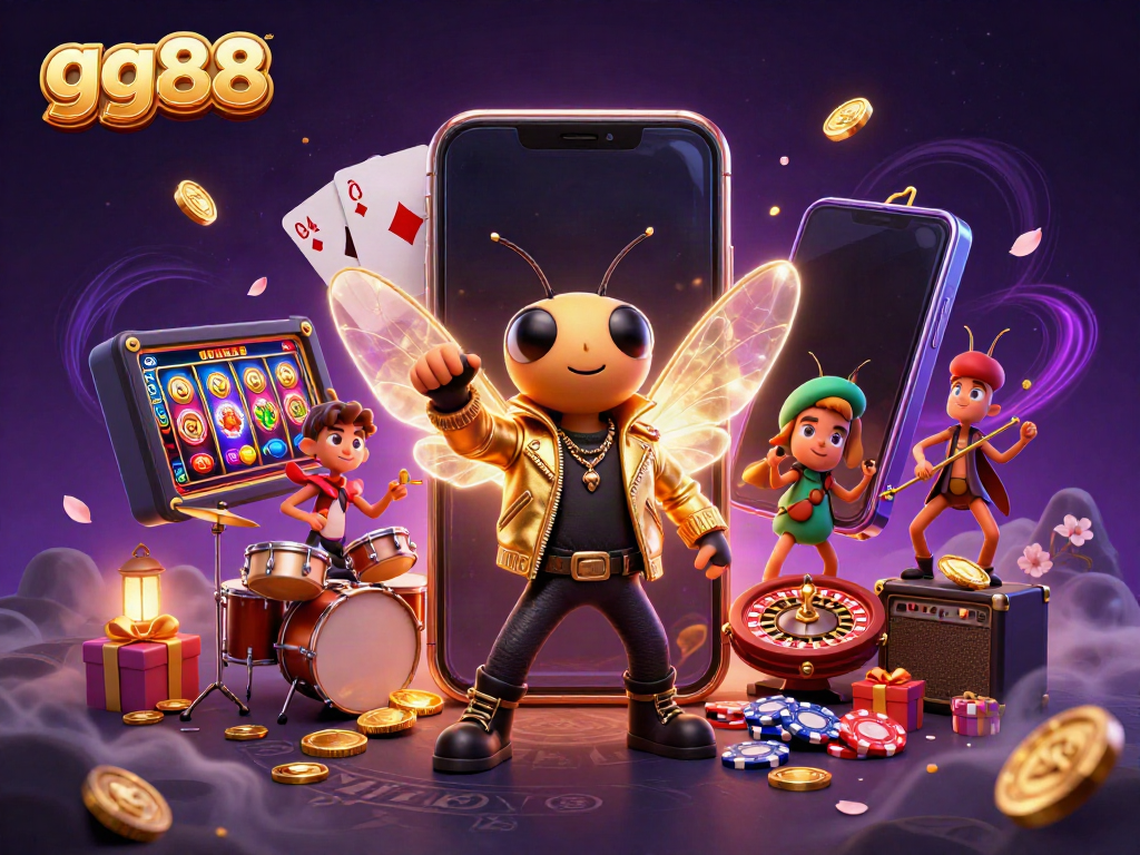 Experience the thrilling world of gg88 with a vibrant rock star, musicians, and colorful casino elements.