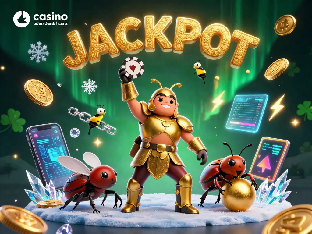 Engage at casino uden dansk licens with brave characters celebrating a jackpot amidst crypto elements.