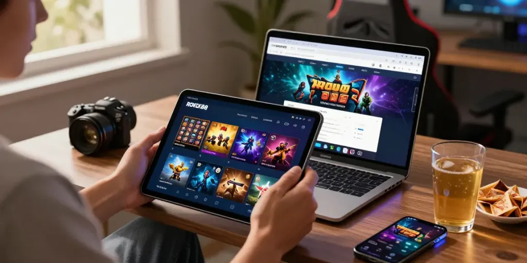 Engaging gaming scene with ROKOK88 login displayed on tablet, showcasing various games and a cozy atmosphere.