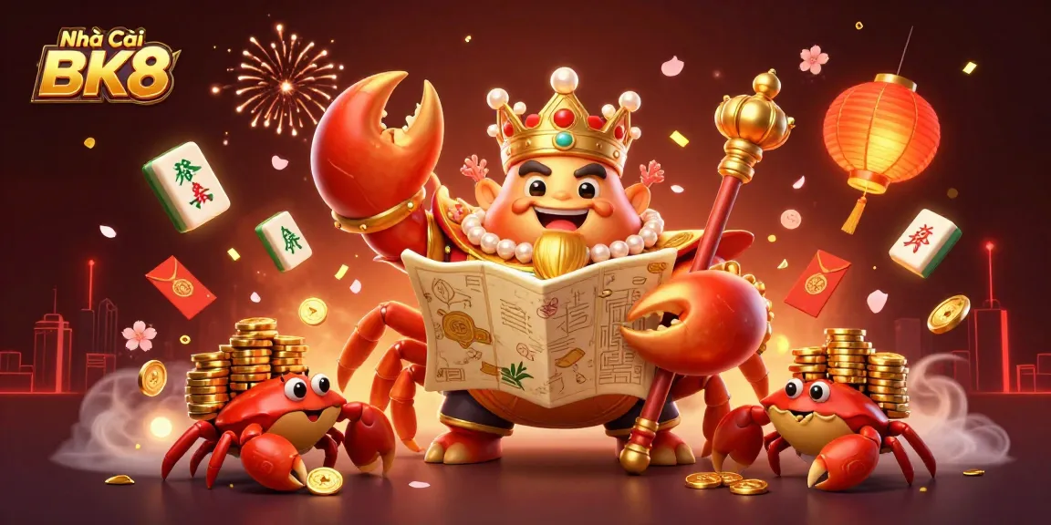 Engage with the Nhà Cái BK8 experience with a dynamic illustration of a golden crab emperor and vibrant casino elements.