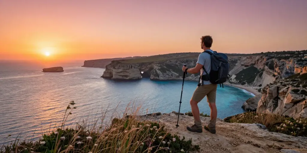 Gozo tours highlight stunning coastal views at sunset with a hiker overlooking the sea.