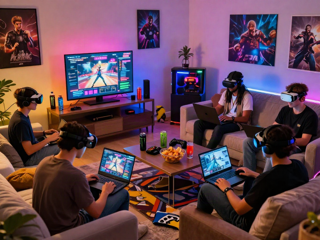 Exciting gaming group enjoying a porn game in a vibrant living room.