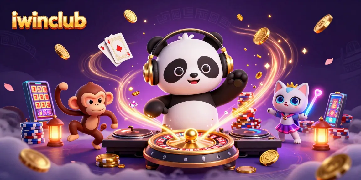 Iwinclub casino scene featuring a DJ panda, breakdancing monkey, and glowing kitten amidst dynamic gaming elements.