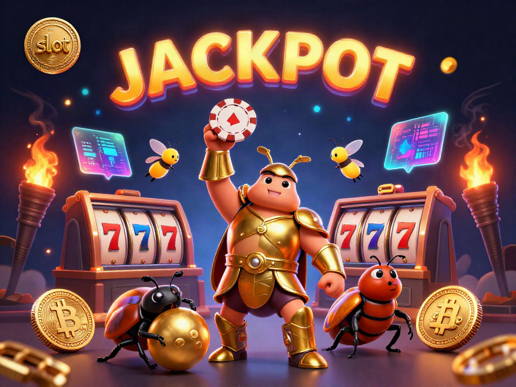 Win big with slots as a heroic beetle celebrates a jackpot victory with golden elements and vibrant visuals.