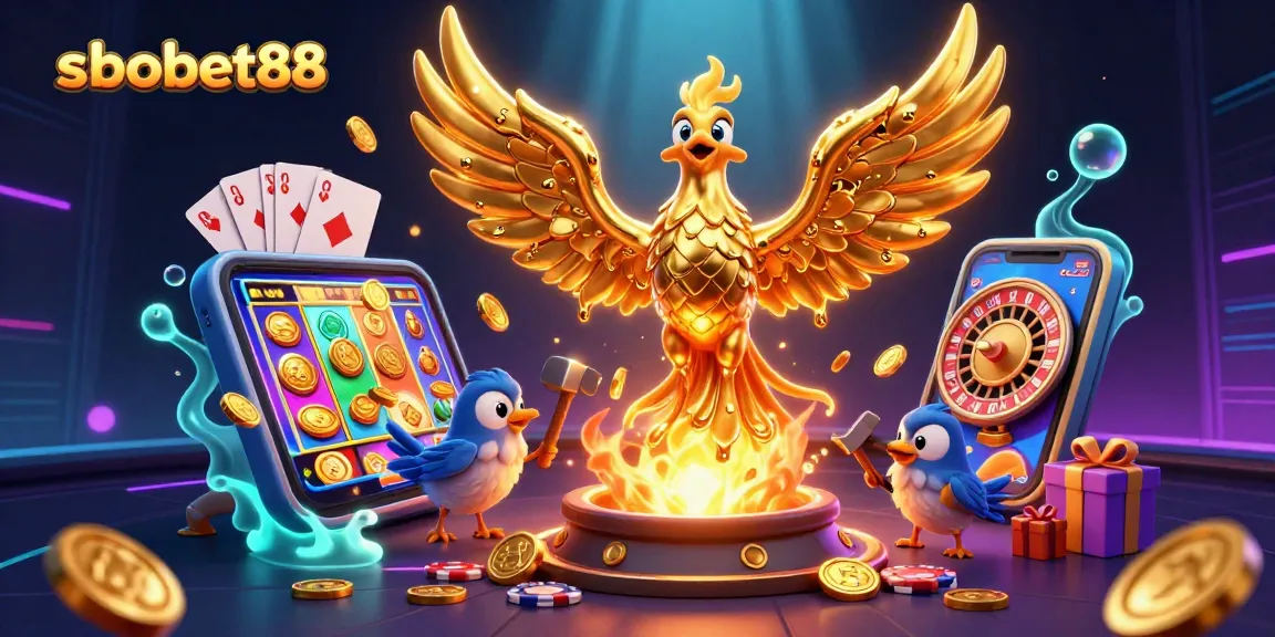 SBOBET88 menampilkan phoenix emas dengan koin terbang, simbol judi olahraga dan efek cahaya dramatis.