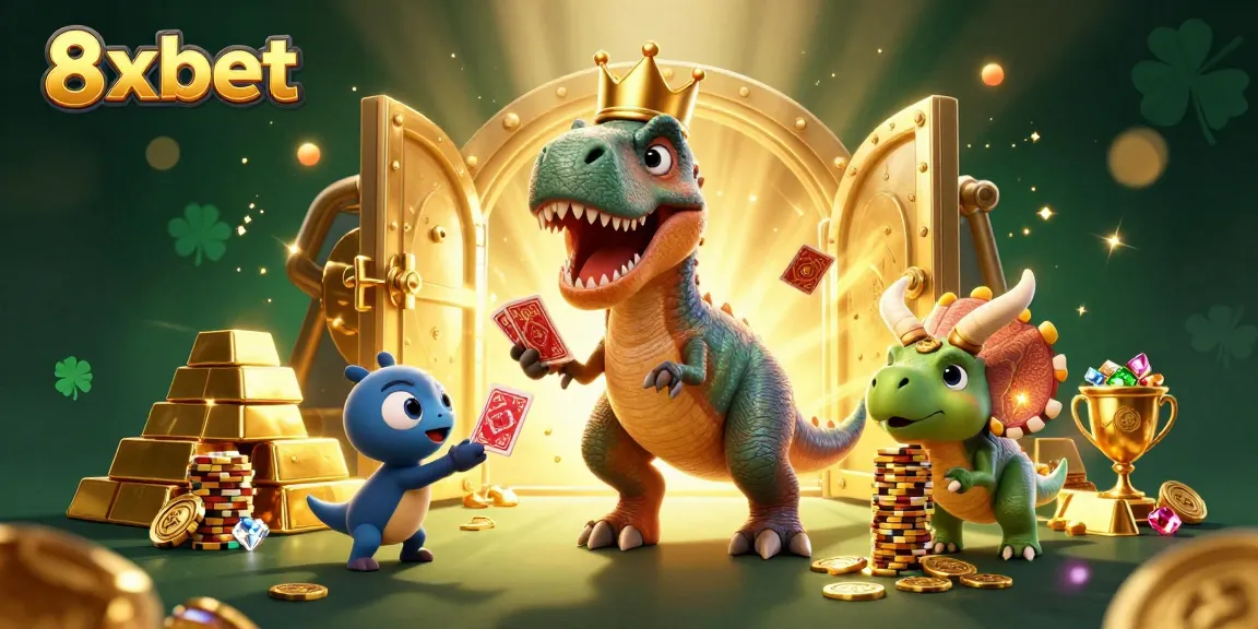 Engage in thrilling games at 8xbet with a vibrant 3D casino scene featuring playful characters and sparkling treasures.