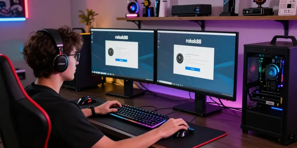Player engaged with the rokok88 login interface at a high-tech gaming setup, featuring peripherals and ambient lighting.