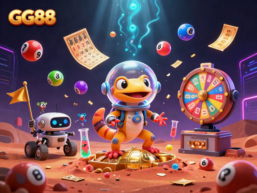 Engage with GG88 through a vibrant, dynamic casino illustration featuring a Martian gecko and alien characters.