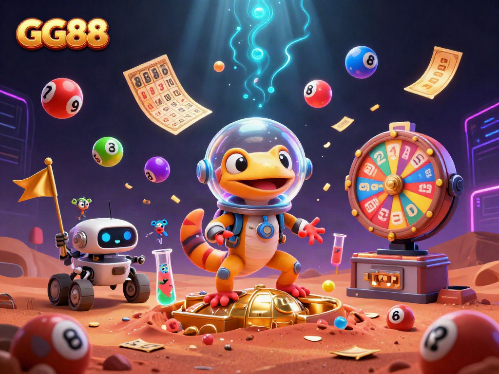 Engage with GG88 through a vibrant, dynamic casino illustration featuring a Martian gecko and alien characters.