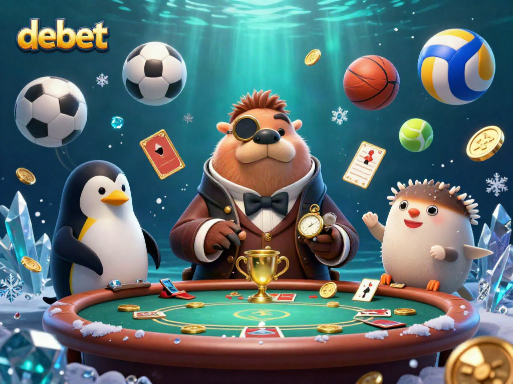 Join the underwater poker action at debet with a stylish walrus, penguin dealer, and bluffing pufferfish.