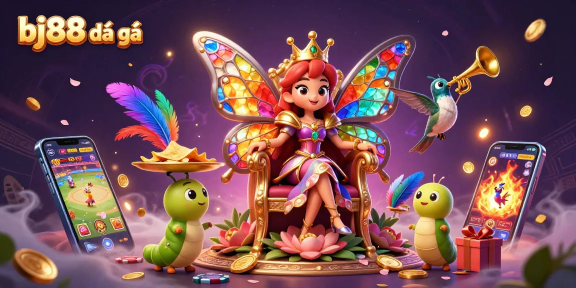 Bj88 đá gà illustrations showcasing a colorful cockfighting scene with engaging game elements and royal butterfly character.
