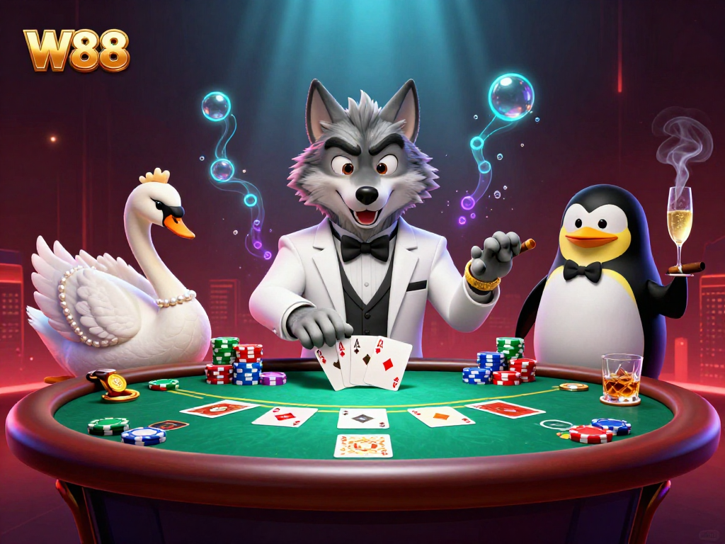 Experience thrilling gaming at W88 with a debonair wolf, elegant swan, and sophisticated penguin.