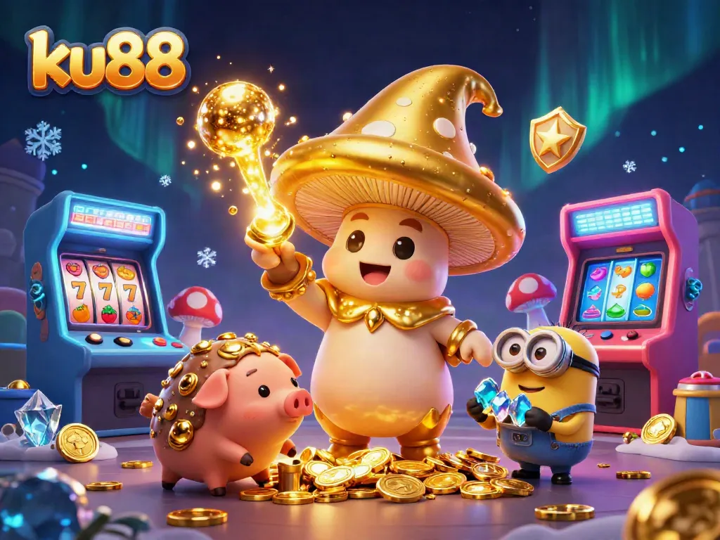 ku88 players engaging with a magical casino scene featuring a wizard, treasures, and vibrant game elements