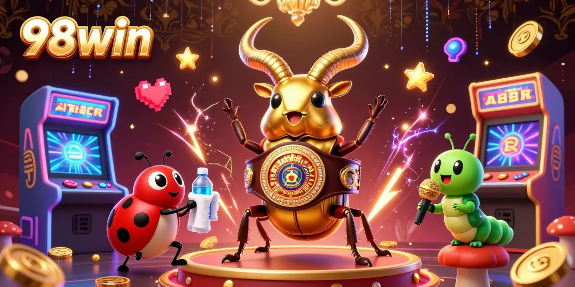 Witness the excitement at 98win with a giant stag beetle boxer and themed elements in a vibrant casino showdown.