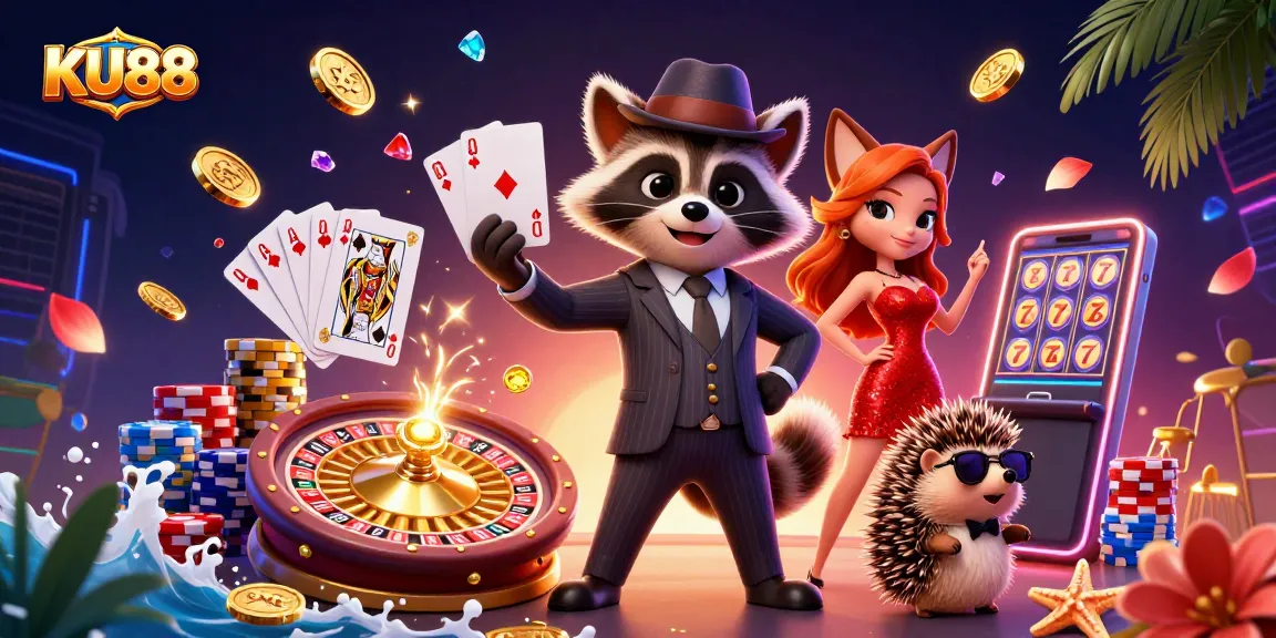 Experience excitement at KU88 with a dynamic scene featuring casino characters and vibrant game elements.