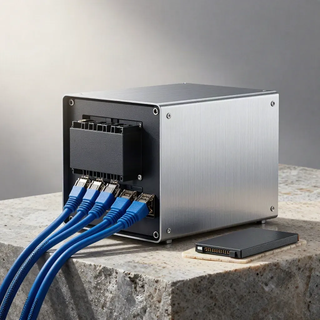 Edge gateway with braided cables, relay block and SSD on pale stone in soft morning light