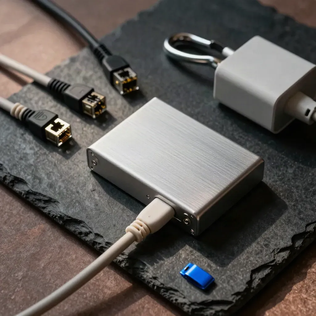 Backup drive, patch plugs, cable lock, and power adapter on dark stone with blue accent
