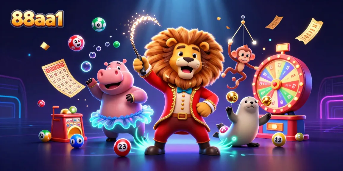 Experience the excitement of 88aa1 with vibrant lottery elements and lively characters in a colorful casino scene.