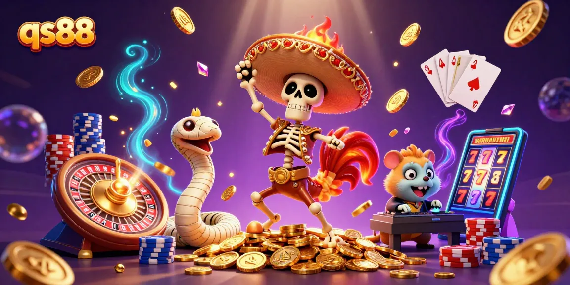 qs88 showcases a dynamic casino scene with unique characters celebrating big wins amidst sparkling coins and game elements.