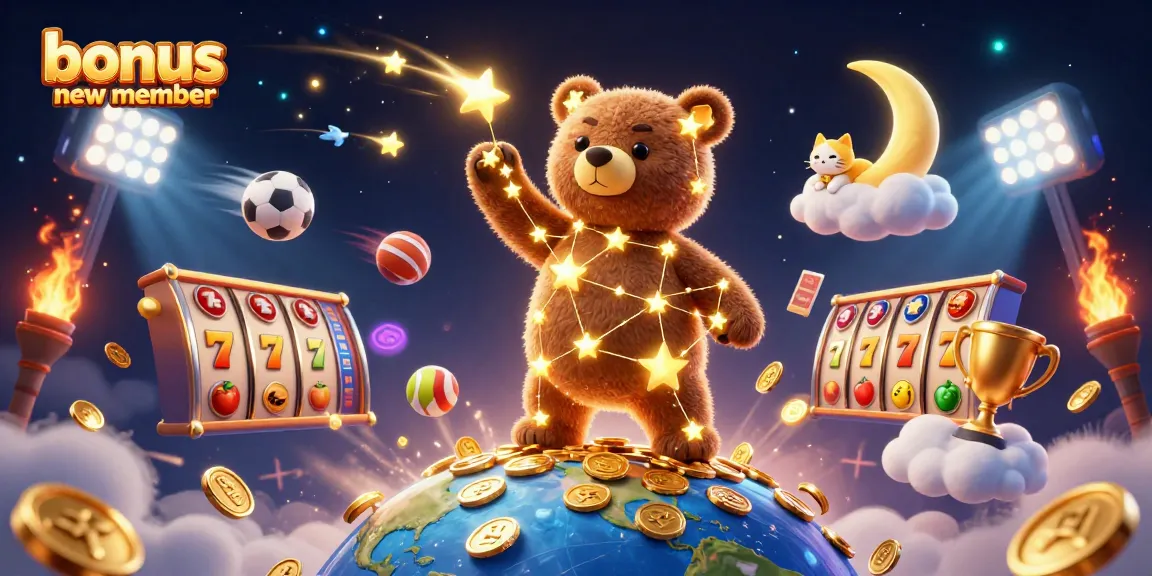 Engaging illustration showcasing bonus new member benefits with characters and slot gaming elements.