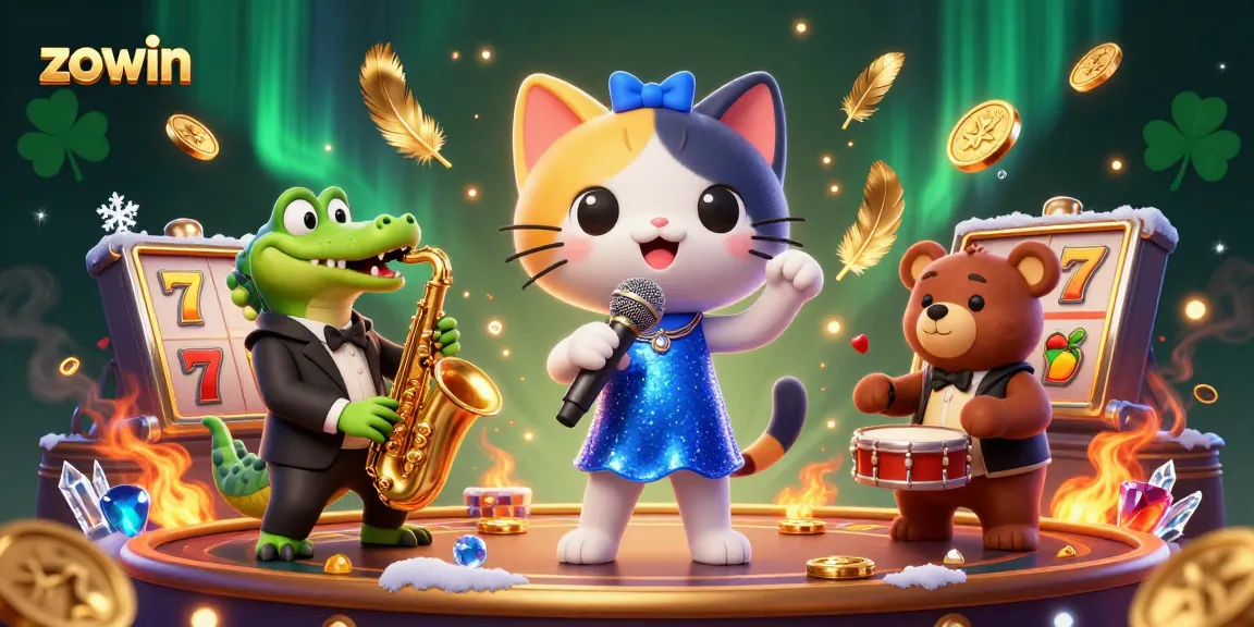 Zowin captivates players in a lively casino scene filled with gold coins and dynamic gaming elements.