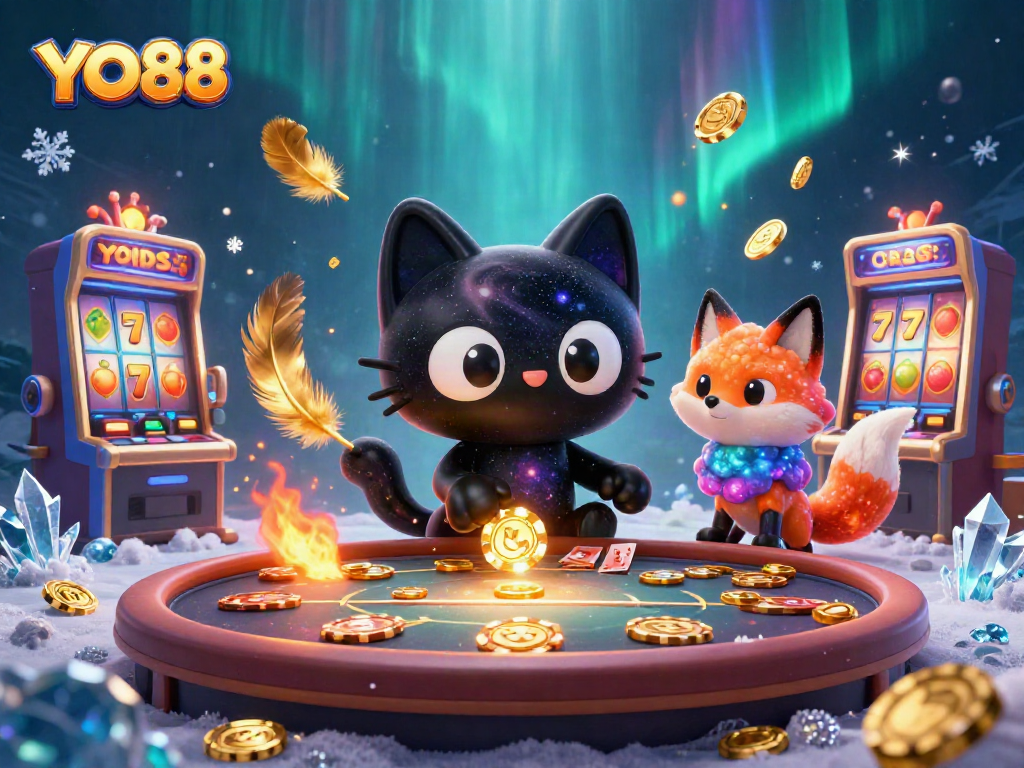 Experience the excitement with YO88 at a vibrant cosmic casino table with a black hole cat and nebula fox!