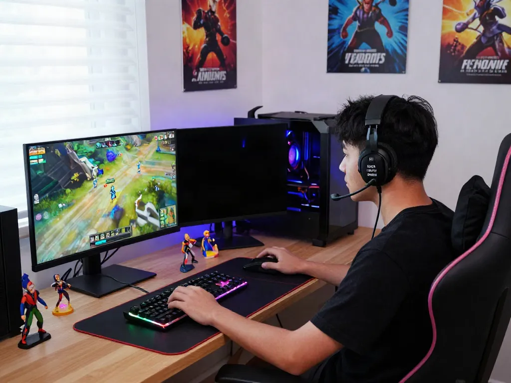 ROKOK88 login gaming setup with player immersed in action, colorful lights, and gaming accessories.