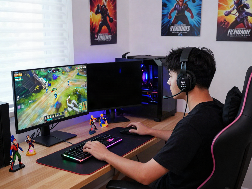 ROKOK88 login gaming setup with player immersed in action, colorful lights, and gaming accessories.