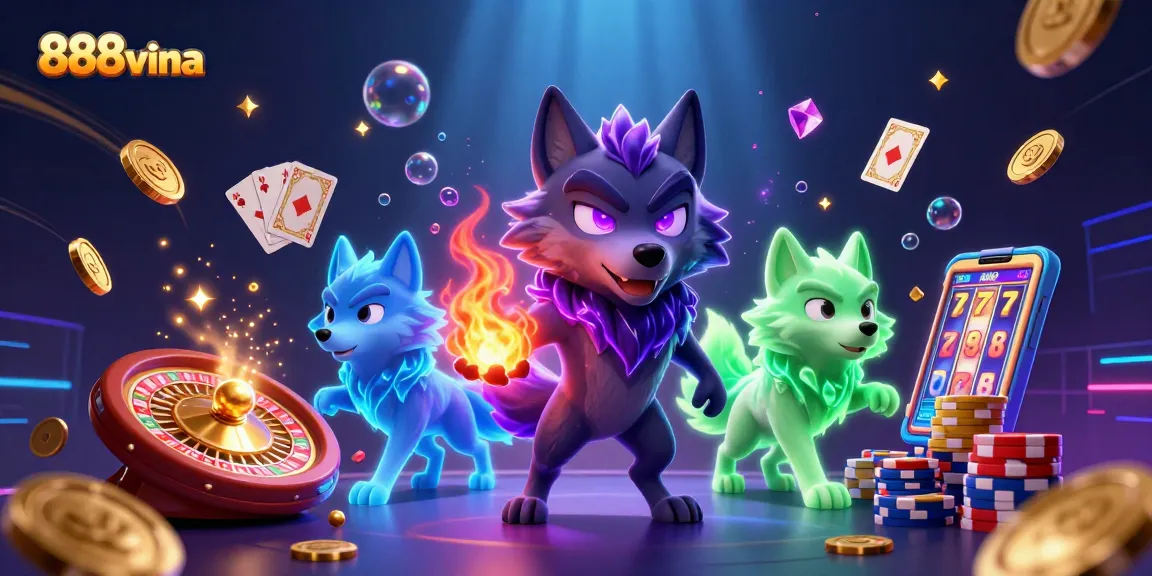 Experience thrilling gameplay at 888vina with a dynamic 3D casino illustration featuring exciting game elements and characters.