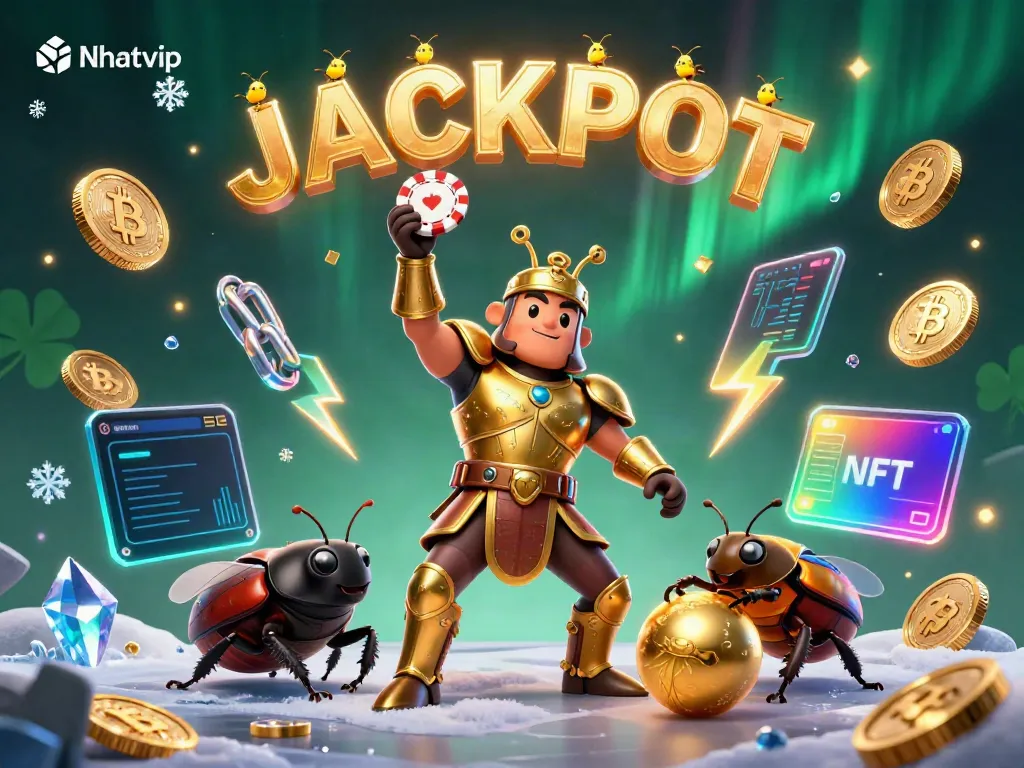 Experience exciting gaming action with a victorious Nhatvip hercules beetle lifting a poker chip among vibrant casino elements.