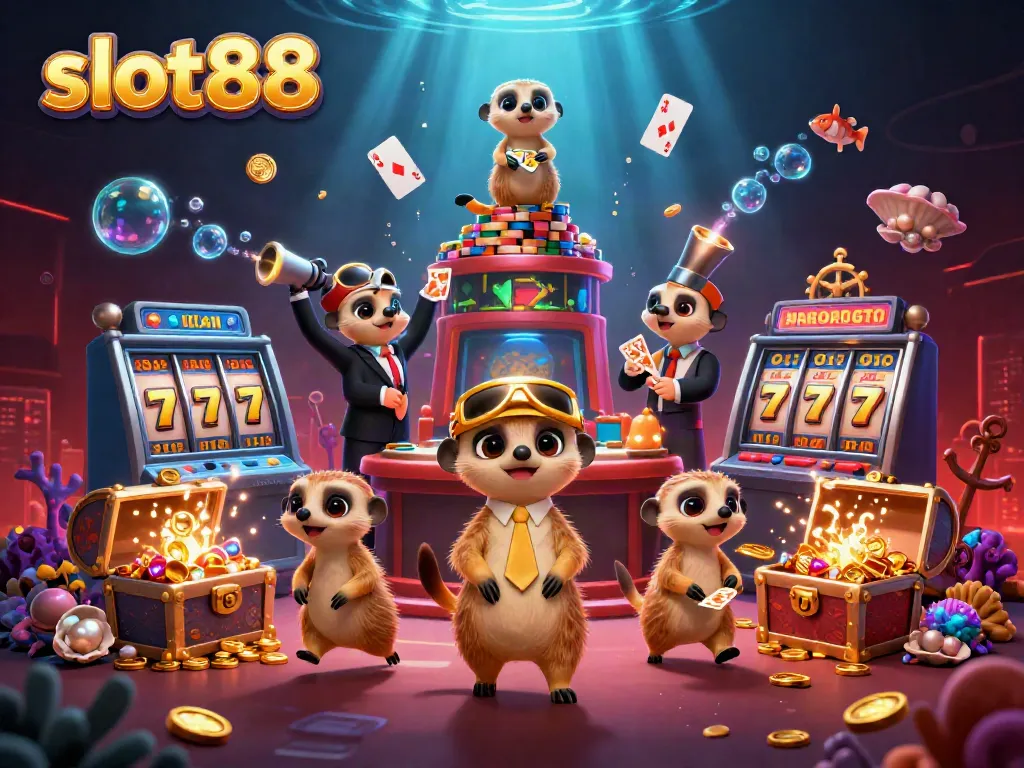 Experience the thrilling slot88 casino with meerkats at the forefront, surrounded by colorful gems and vibrant gameplay.
