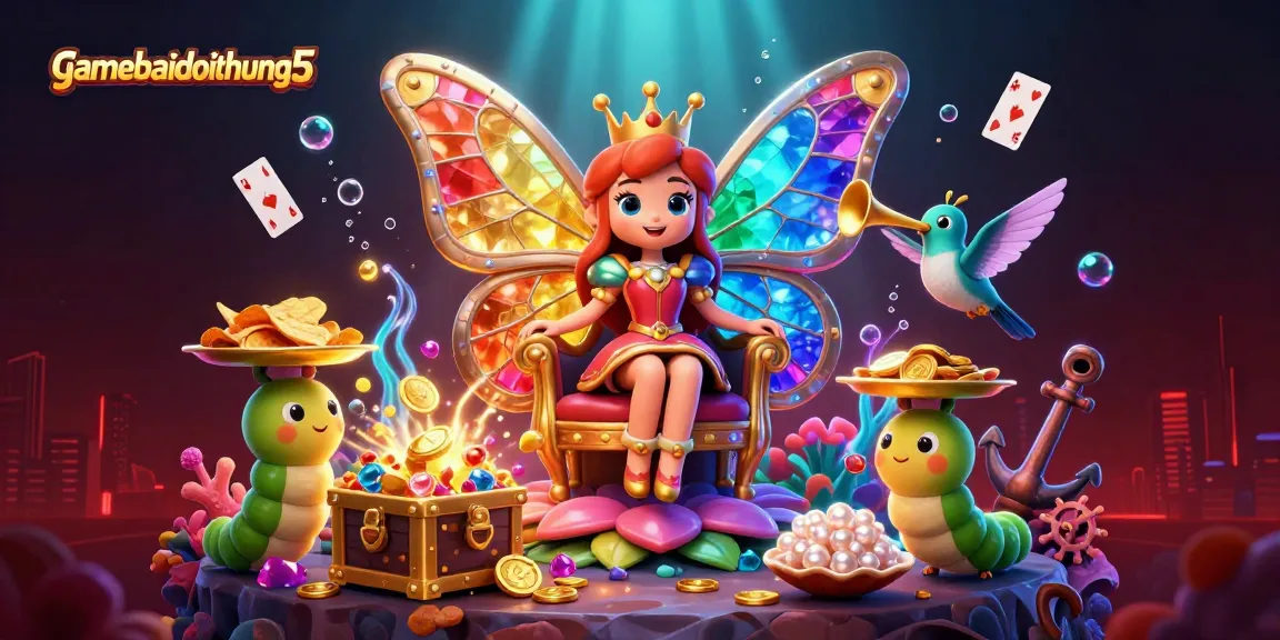 Join the fun at gamebaidoithuong5 with vibrant butterfly queen and treasure-filled underwater scene.