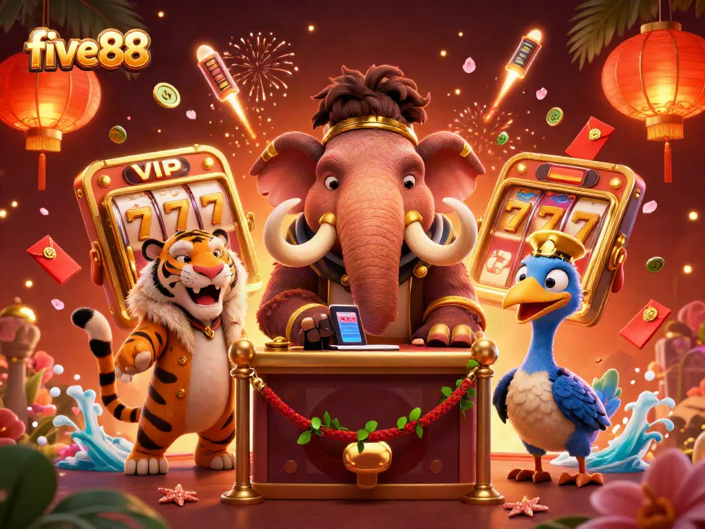 Experience five88 in a vibrant 3D illustration showcasing a lively casino scene with engaging characters.