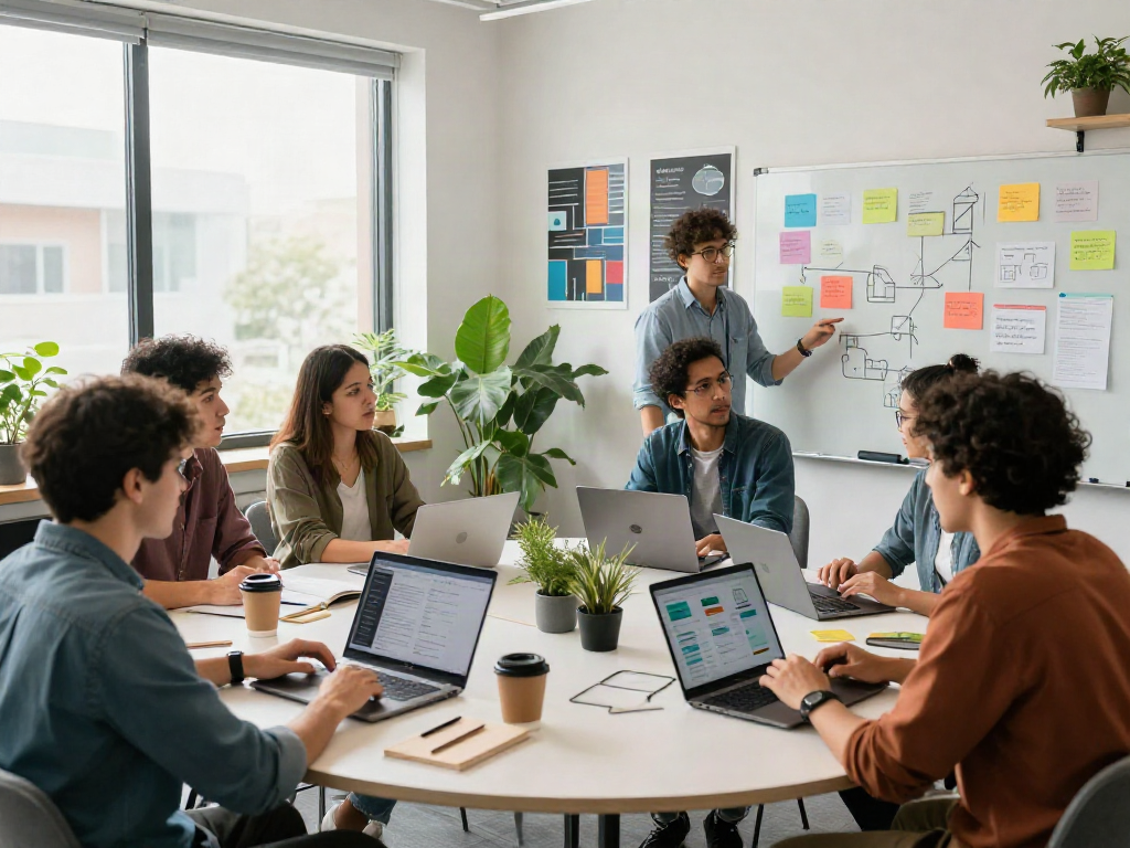 Team collaborating in a tech startup setting, illustrating crushonai concepts, vibrant workspace with laptops and notes.